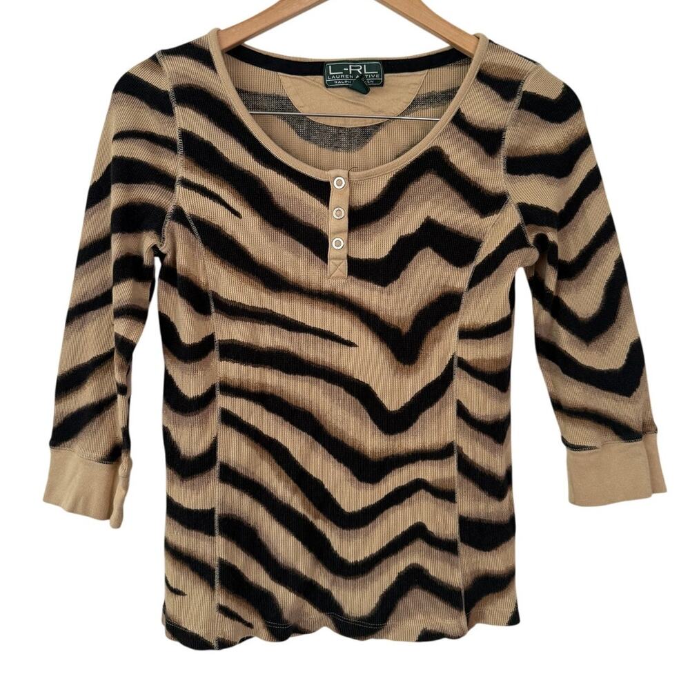Ralph Lauren Animal Print Quarter Sleeve Waffle Knit Henley Top Y2K Statement